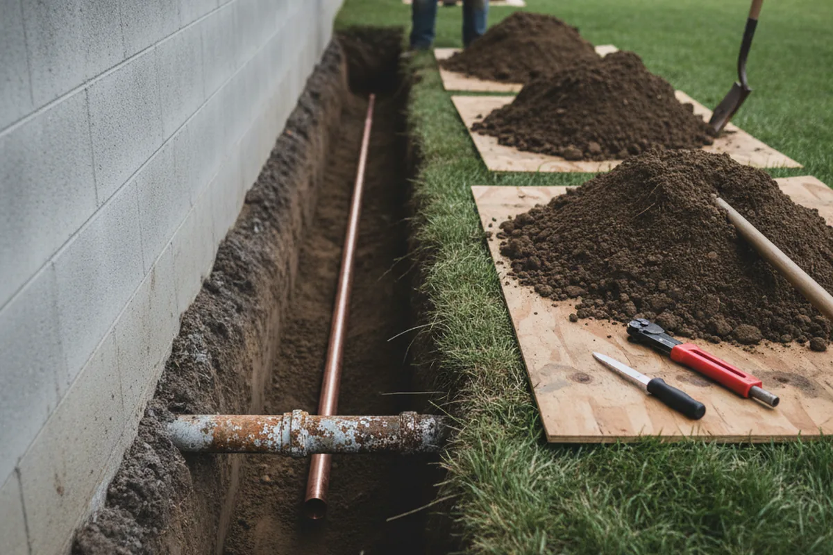 Excavated water line trench during Sewer Line Repair in Cassville